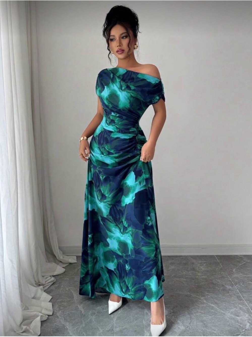 SHEIN Green & Navy One-Shoulder Floral Maxi Dress